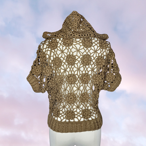 Handmade Brown Button Up Knitted Short Sleeve Sheer Coquette Mori Kei Sweater - Picture 6 of 6